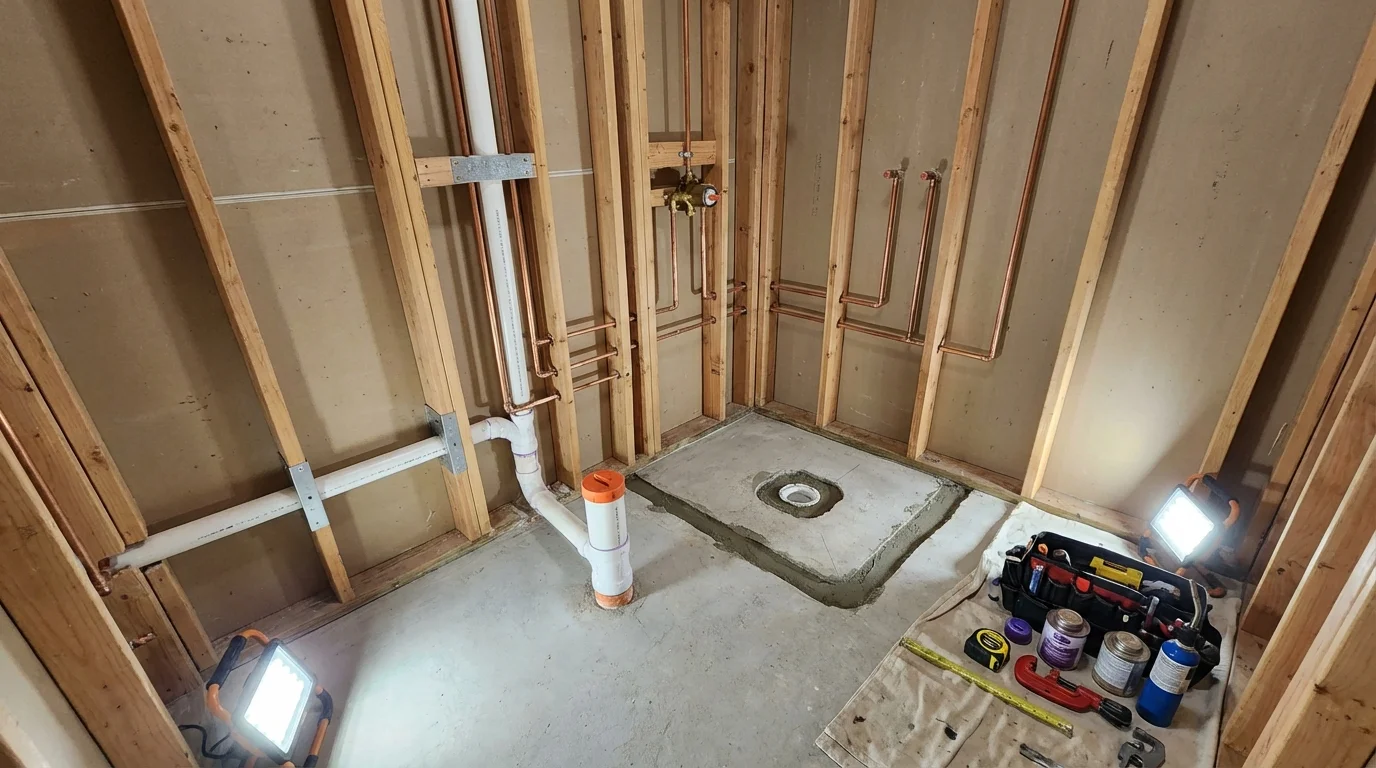 Bathroom rough-in plumbing during remodel by Johns Plumbing LLC in Cloverport