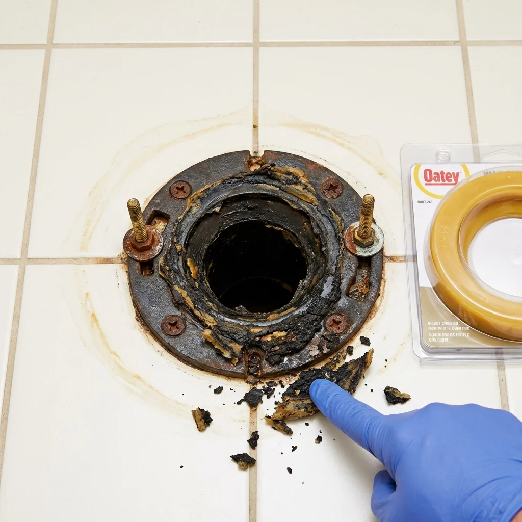 Failed wax ring showing water seepage at the base of a toilet in a Cloverport, KY home