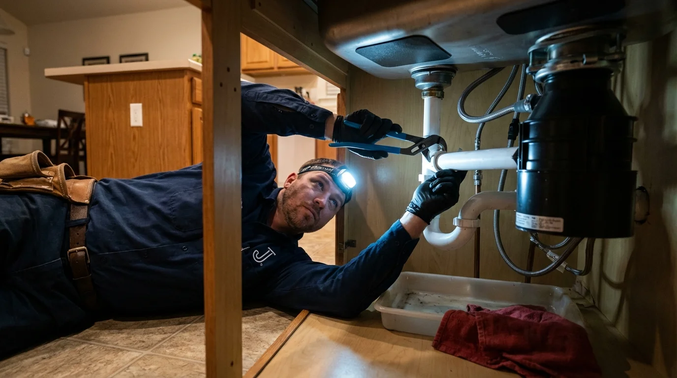 P-trap and supply line connections under a kitchen sink showing a common leak point in Cloverport, KY